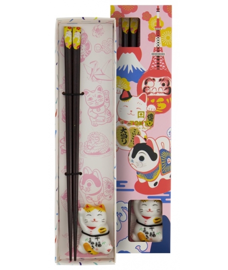 Set Cadeau Paire et Repose Baguettes Maneki Nekko Jaune/ TOKYO DESIGN